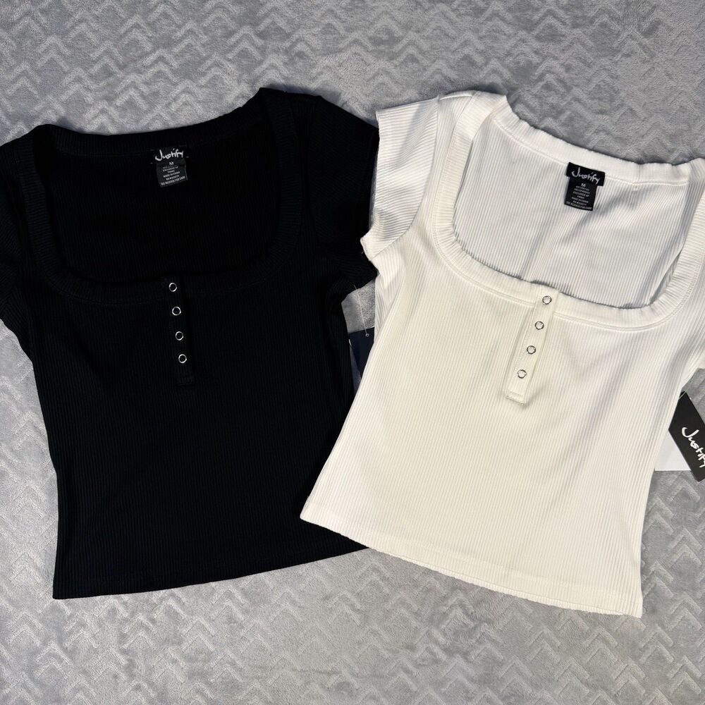 NWT Justify Square Neck‎ Ribbed Crop Top T Shirt Button Front Black or White
